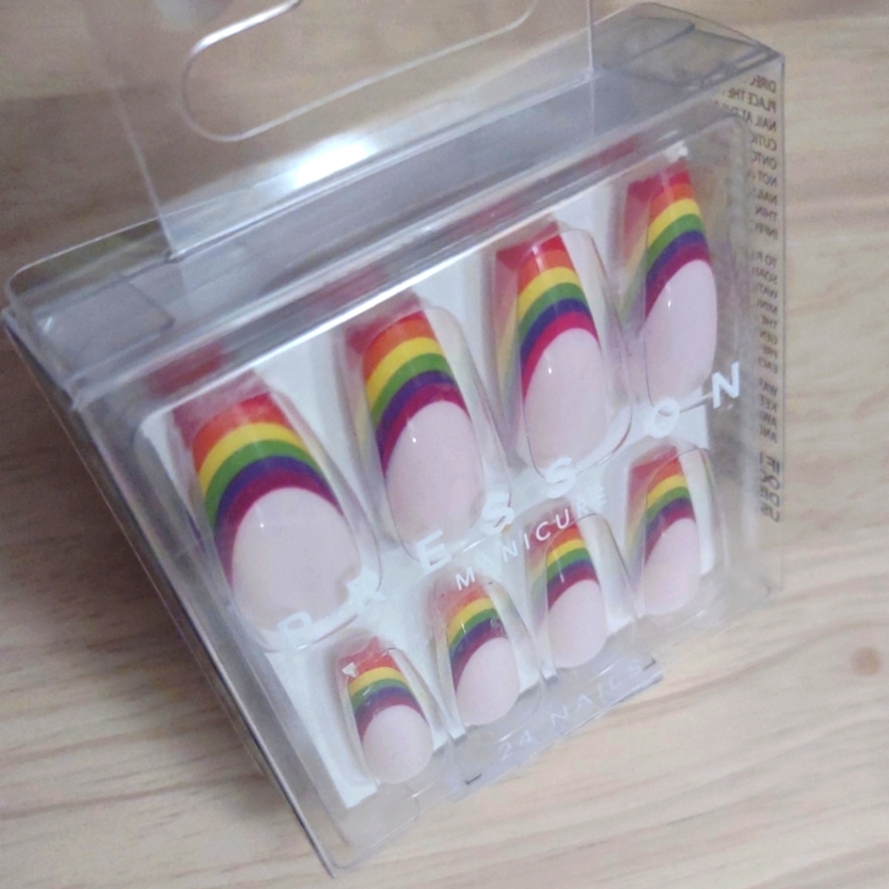 Rainbow Striped French Tips Press on Manicure Nails y2k Harajuku Retro Style